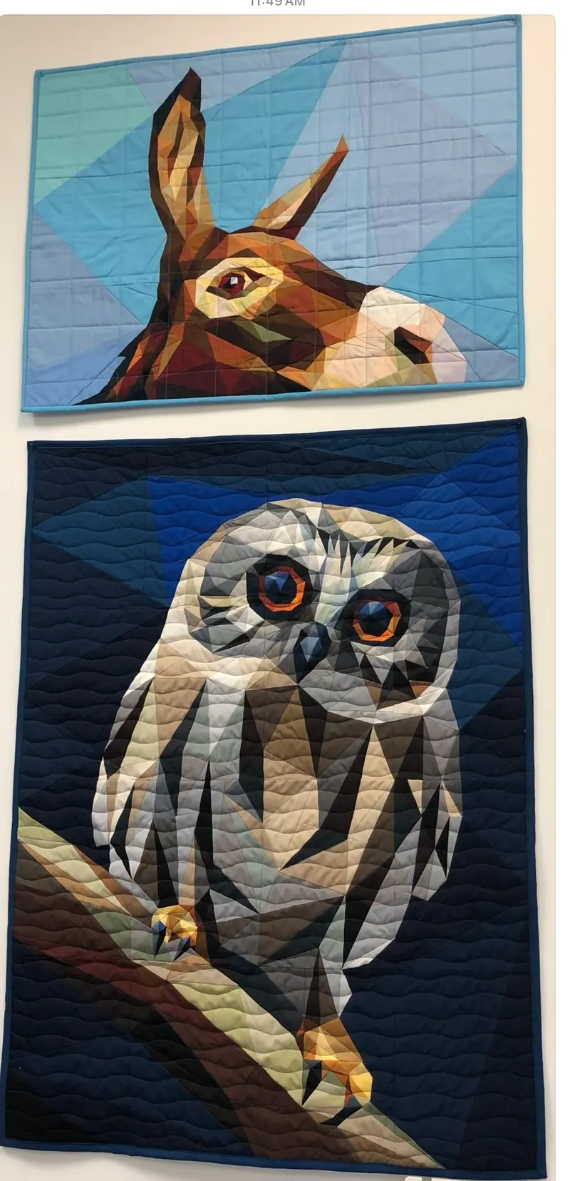 Donkey and owl quilts displayed together on wall