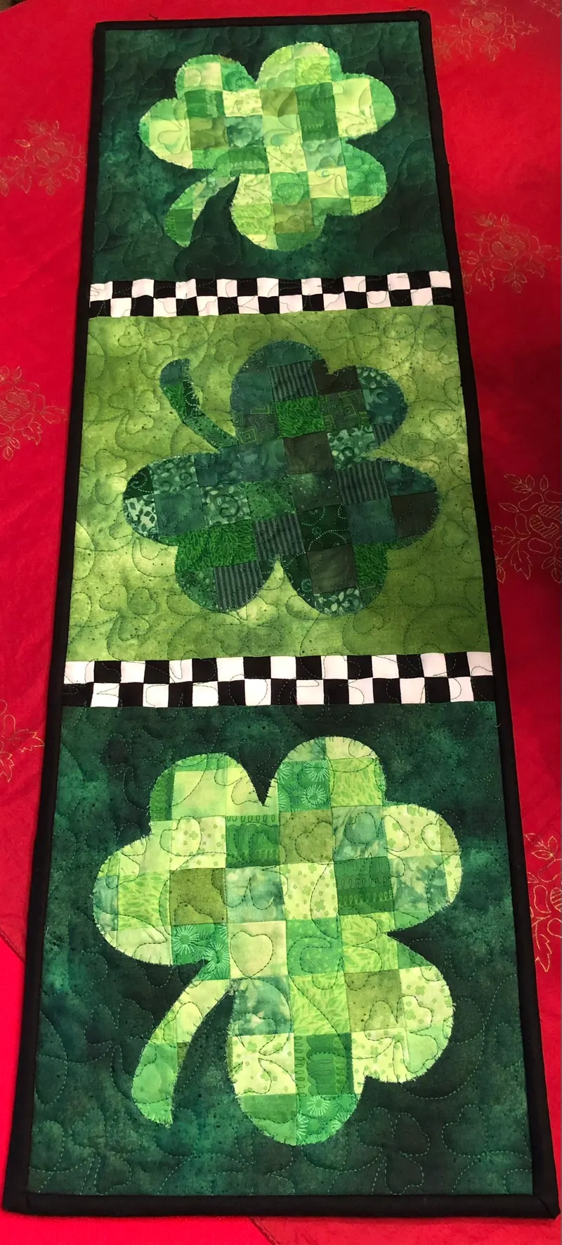St. Patrick's Day shamrock table runner with checkerboard