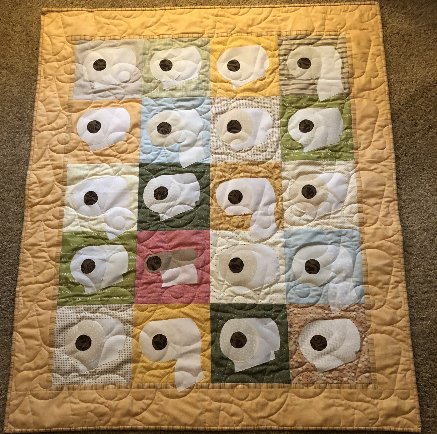 Pastel teddy bear button quilt in soft colors