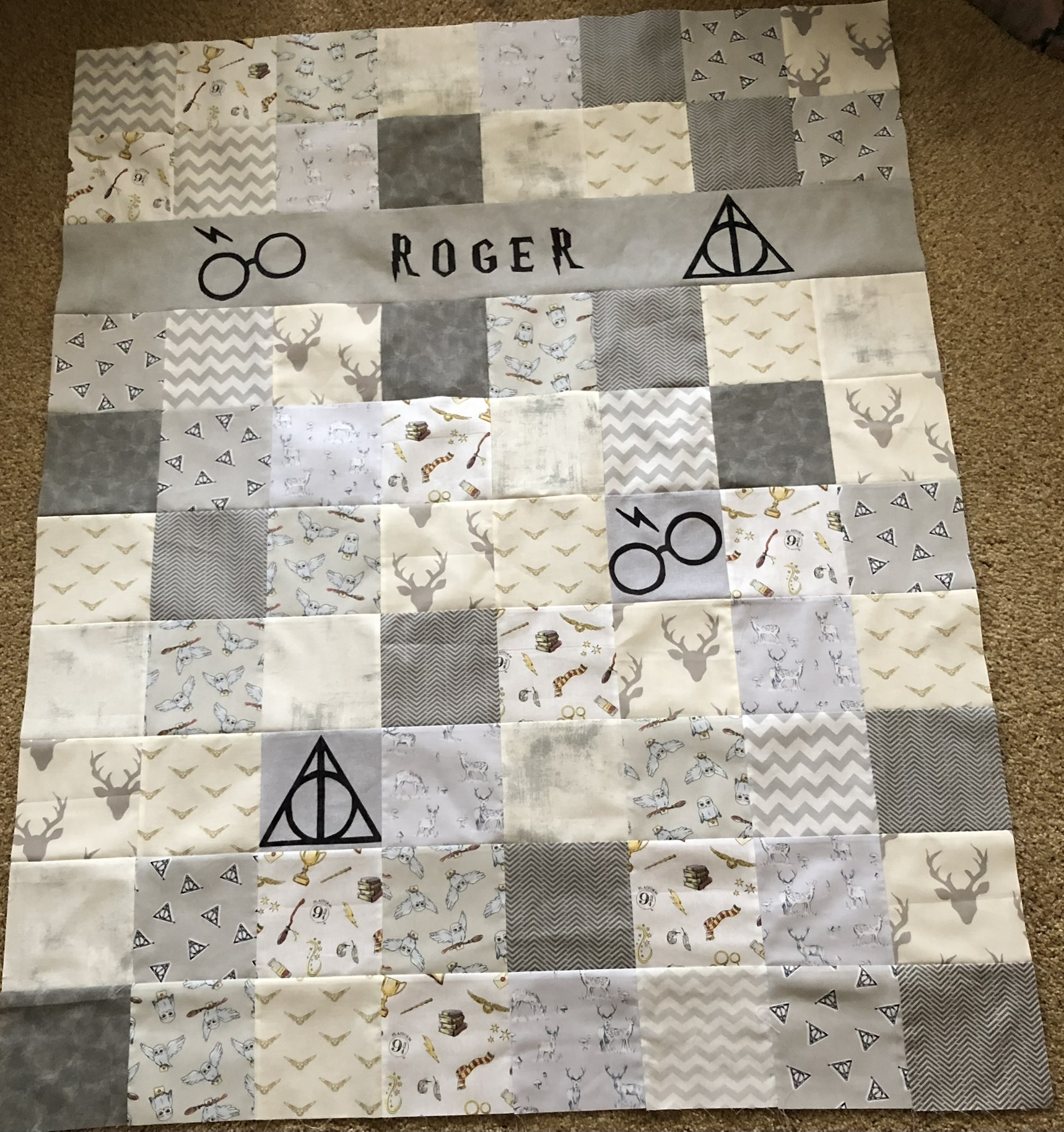 Harry Potter themed baby quilt with Deathly Hallows symbols