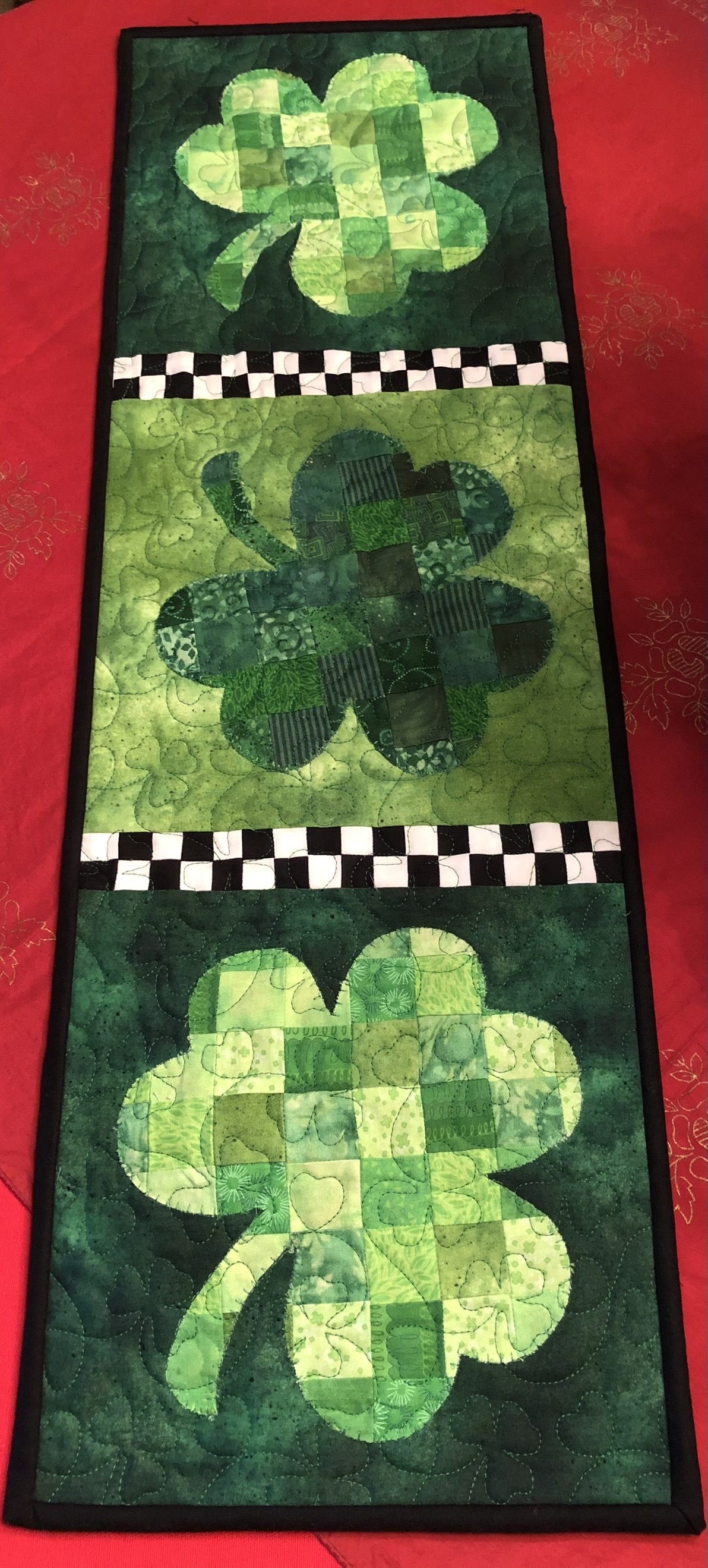 St. Patrick's Day shamrock table runner with checkerboard